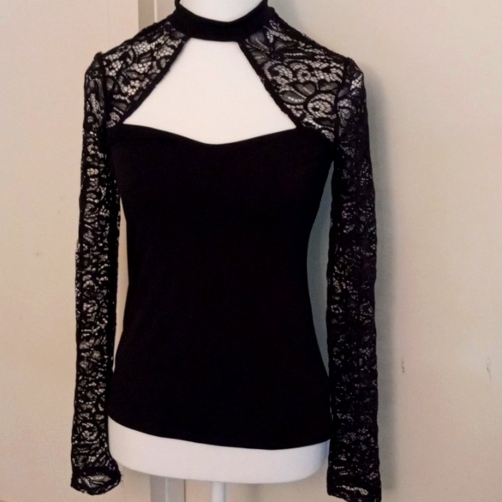 Express Black Lace Inset Cutout Neck FOXY Top